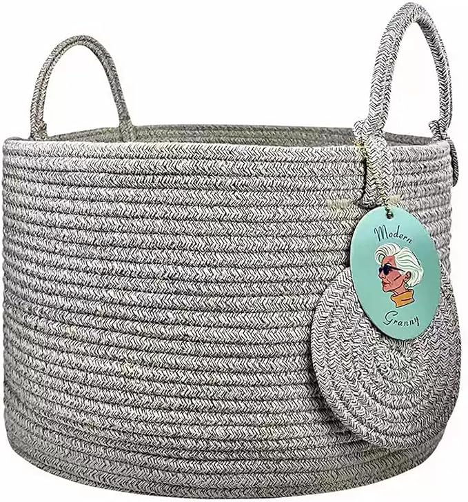 Modern Granny Small Cotton Rope Laundry Basket 16x10 Inch Dual Secure Woven Handle for Living Room Closet Clothes Blanket Organization