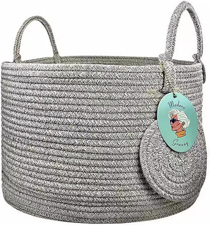 Modern Granny Small Cotton Rope Laundry Basket 16x10 Inch Dual Secure Woven Handle for Living Room Closet Clothes Blanket Organization