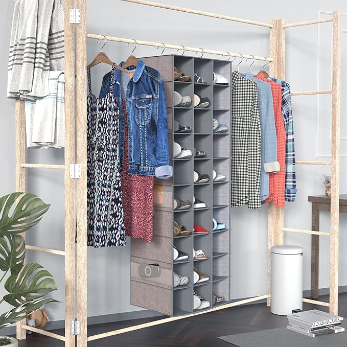 Libeder 30 Section Hanging Shoe Organizer for Closet, Hanging Closet Organizers with 6 Side Mesh Pockets, Shoe Storage Hanging Shoe Rack, Space Saving Shoe Holder