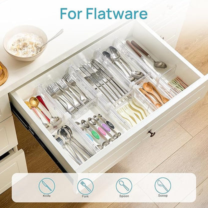 Vtopmart 2.36” Drawer Dividers with Expandable Inserts, 12.8"-22.3" Adjustable Kitchen Drawer Organizer, Clear Plastic Organizer Separator for Flatware, Utensil, Cutlery, 4 Dividers with 6 Inserts