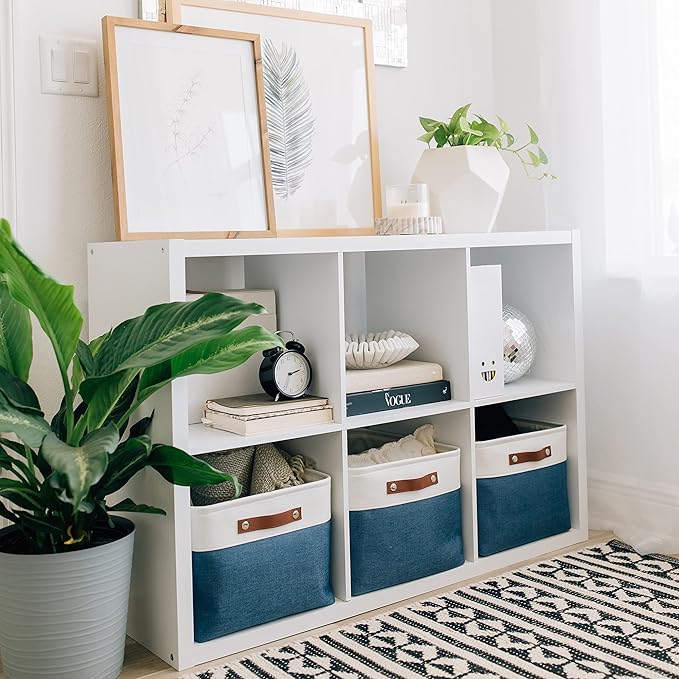 OrganiHaus 16x12.5in Canvas Storage Baskets 3 Pack | EXTRA LARGE Fabric Bins for Shelves | Linen Closet Organizer | Navy Blue/Off-White