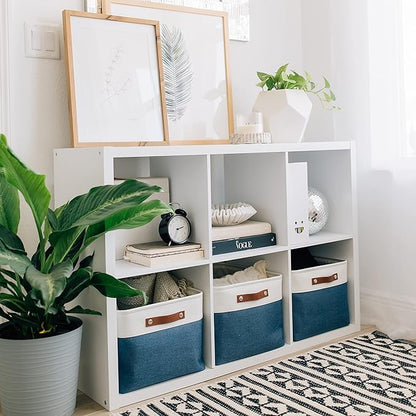OrganiHaus 16x12.5in Canvas Storage Baskets 3 Pack | EXTRA LARGE Fabric Bins for Shelves | Linen Closet Organizer | Navy Blue/Off-White