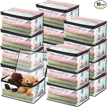 Windyun 16 Pack Clear Storage Bags with Zipper and Handle for Clothes Heavy Duty Plastic Blanket Clothes Moving Bags Cloth Bins for Blanket Comforter Clothing Toys
