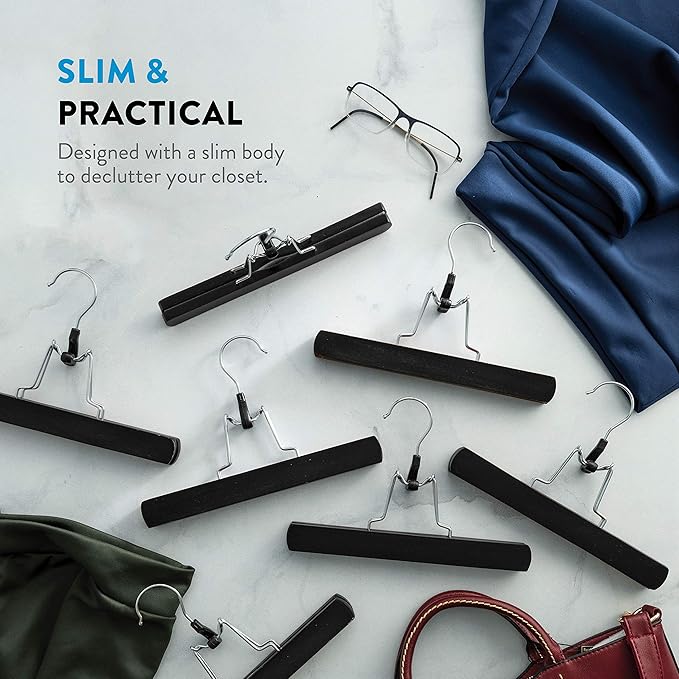 ZOBER High-Grade Wooden Non Slip Skirt Hangers with 360 Swivel Hook (Black, 10 Pack)