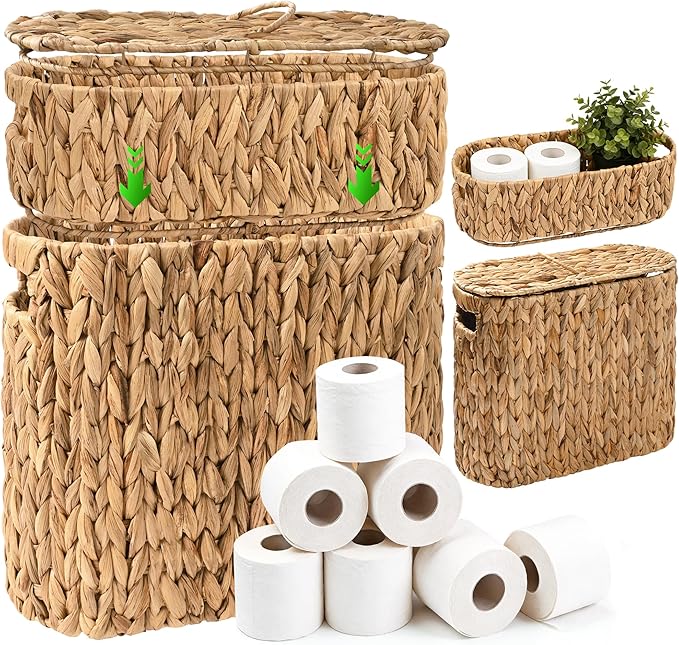 Livole 2-in-1 Toilet Paper Basket with Lid Water Hyacinth Toilet Paper Storage - 16 Regular Rolls or 12 Mega Rolls Large Natural Toilet Paper Organizer for Bathroom