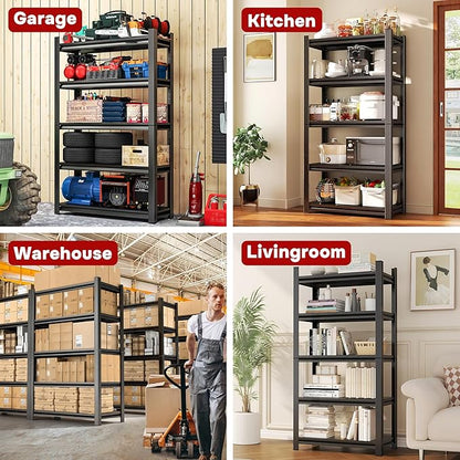 5-Shelf Heavy Duty Garage Shelving Unit, Metal Storage Shelves with Sides, 3000LBS, Adjustable Rack Organizer for Basement Closet Kitchen Pantry, Easy Assembly, Black, (72.3" H*47.2" W*23.6" D)