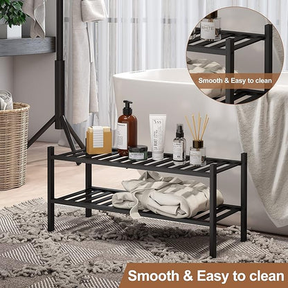 Bamboo Shoe Rack Stackable Shoe Shelf Storage Organizer for Unit Entryway Hallway and Closet Sturdy Freestanding Shoe Shelf(2 Tier Black)
