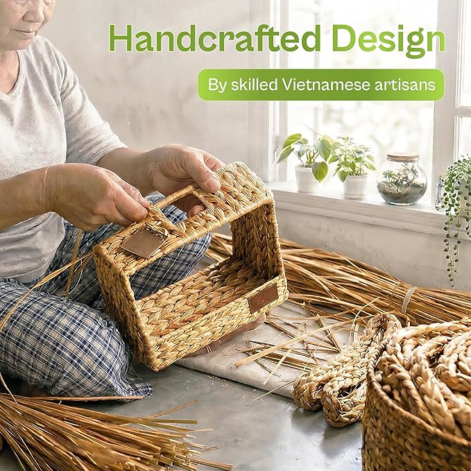 Water Hyacinth Storage Basket Set of 2, 12 x 12 x 10 Inch Foldable Woven Storage Baskets for Organizing, Reinforced Wicker Baskets for Shelves, Handwoven Natural Fiber, SGS Tested