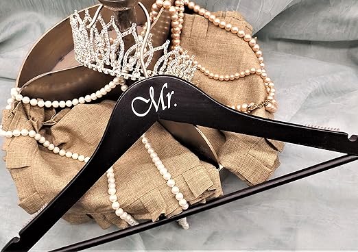 NAHANCO MRMRS20217B Bridal Hanger Set, Black Wood Hangers with Silver Imprint (Mr. and Mrs.), 17” (2 Piece Set), Black w/Silver Imprint