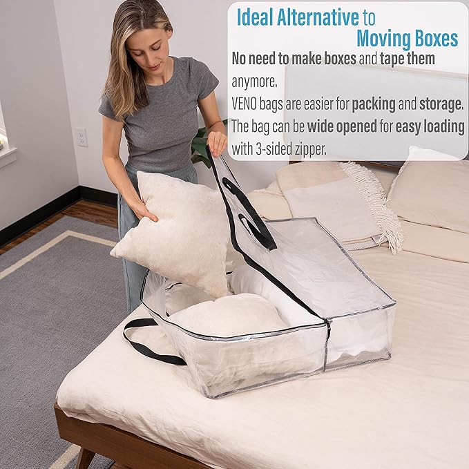 VENO 8 Pack Heavy-Duty Moving Bundle (4 Pack Extra-Large Moving Bag w/Backpack Straps + 4 Pack Over-Sized Clear Organizer Storage Bag)