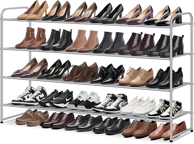 MISSLO 4 Tier Long Shoe Organizer for Closet Shoe Rack for Bedroom Closet Floor Shoe Shelf for Entryway Storage Stackable Wide Shoe Shelf Stores 30 Pairs of Men Sneakers, Grey