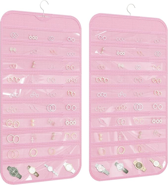1 Pack Hanging Jewelry Organizer 80-Pocket Dual-sided Jewelry Storage for Earring Necklace Bracelet Ring Travel Holder, Pink
