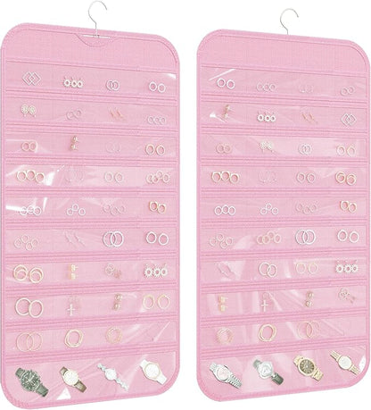 1 Pack Hanging Jewelry Organizer 80-Pocket Dual-sided Jewelry Storage for Earring Necklace Bracelet Ring Travel Holder, Pink