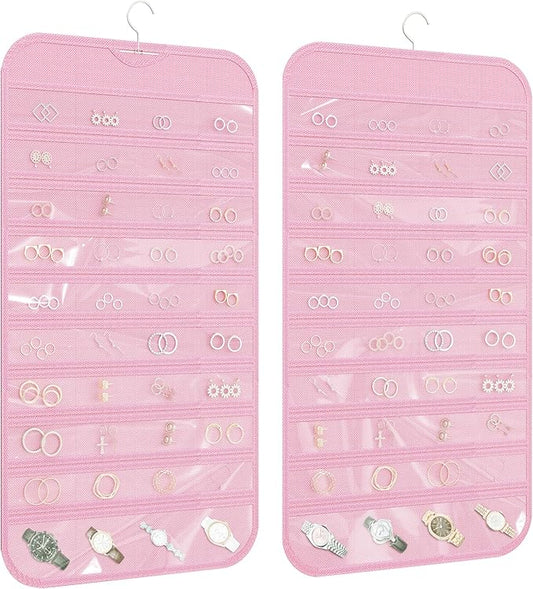1 Pack Hanging Jewelry Organizer 80-Pocket Dual-sided Jewelry Storage for Earring Necklace Bracelet Ring Travel Holder, Pink