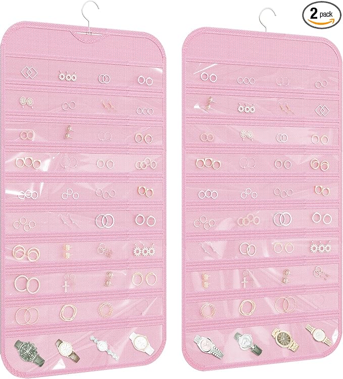 2 Pack Hanging Jewelry Organizer 80-Pocket Dual-sided Jewelry Storage for Earring Necklace Bracelet Ring Travel Holder, Pink