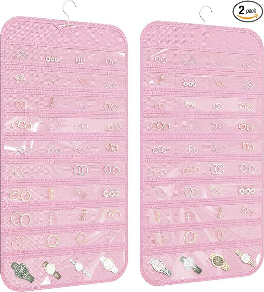 2 Pack Hanging Jewelry Organizer 80-Pocket Dual-sided Jewelry Storage for Earring Necklace Bracelet Ring Travel Holder, Pink