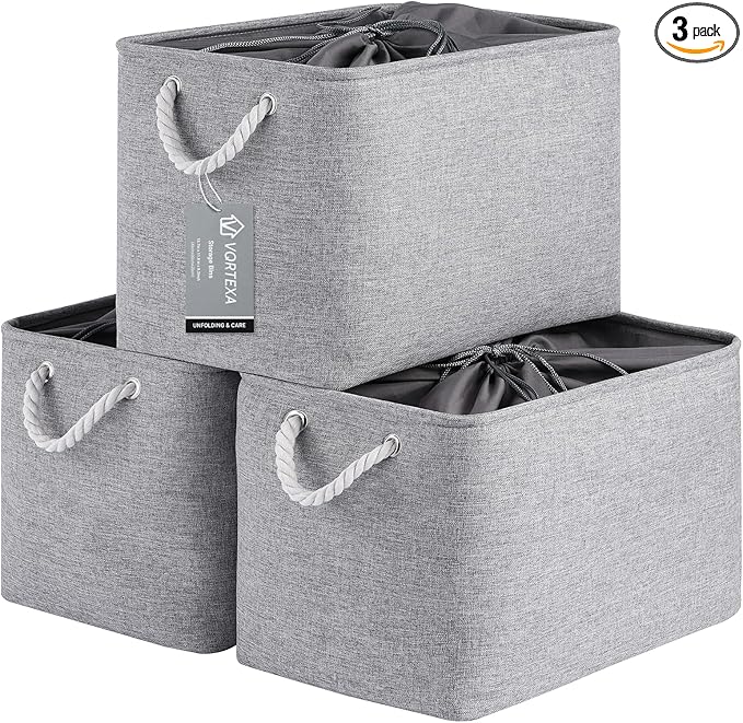 Large Storage Baskets- 16x12x12 inch Storage Bins for Shelves and Closet Organizing, Foldable Fabric Bin for Home Organization Clothes and Laundry (3-Pack, Gray)