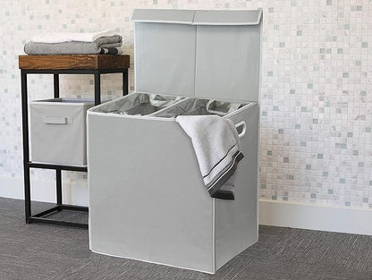 Simple Houseware Double Laundry Hamper with Lid and Removable Bags, Grey