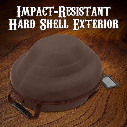 CASEMATIX Cowboy Hat Box - Portable Hat Storage for Brims Up To 4.75" - Hard Shell Case with Carry Strap, ID Slot and Foam Insert for Dipping Brims, Brown