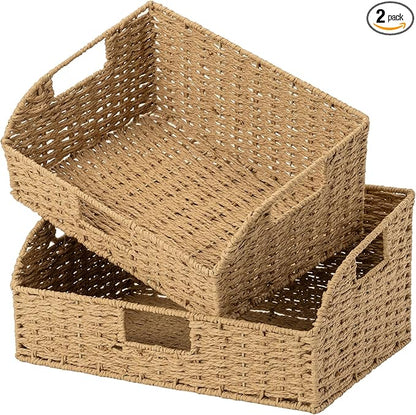 StorageWorks Pantry Baskets for Organizing, Paper Rope Storage Baskets for Shelves with Built-in Handles, Pantry Organizers and Storage, Natural, Set of 2 (Large and Medium)