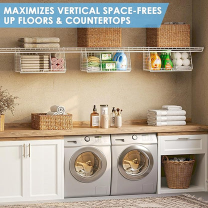 23.62” Extra-Long Under-Shelf Hanging Laundry Basket Organizer, 3-Pack Space-Saving Laundry Organizer, Fits Wire Shelving (Rod Diameter < 0.38”), Modular with Dividers for Custom Laundry Organization