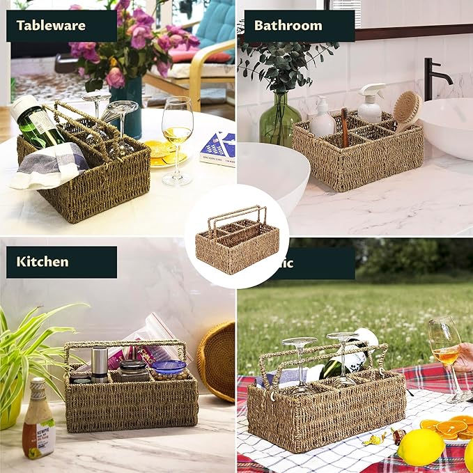 PEMAR Large L-Sized Hand Woven Utensil Caddy Carrier, Natural Jute Wicker Condiment Holder for Table, Kitchen Set Counter Top Silverware Organizer, Rustic Storage for Forks, Spoons, Seagrass