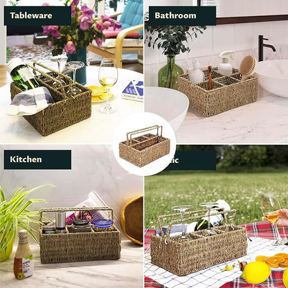 PEMAR Large L-Sized Hand Woven Utensil Caddy Carrier, Natural Jute Wicker Condiment Holder for Table, Kitchen Set Counter Top Silverware Organizer, Rustic Storage for Forks, Spoons, Seagrass