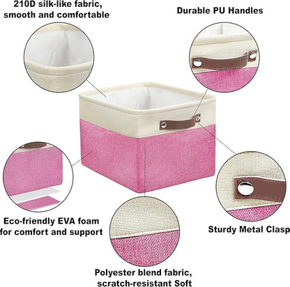 Simple Houseware 15" x 11" Large Fabric Storage Bin for Closet and Shelves, Leather Like Handles, 3 Pack, Pink
