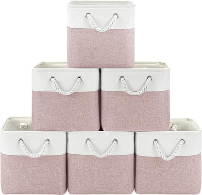 Patvingot 11 Inch Cube Storage Bins, 6 Pack Fabric Storage Cubes with Rope Handles, Organizer Baskets for Closet Shelves, Clothes and Home Organization(White/Pink)