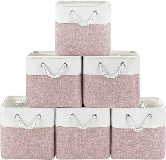 Patvingot 11 Inch Cube Storage Bins, 6 Pack Fabric Storage Cubes with Rope Handles, Organizer Baskets for Closet Shelves, Clothes and Home Organization(White/Pink)
