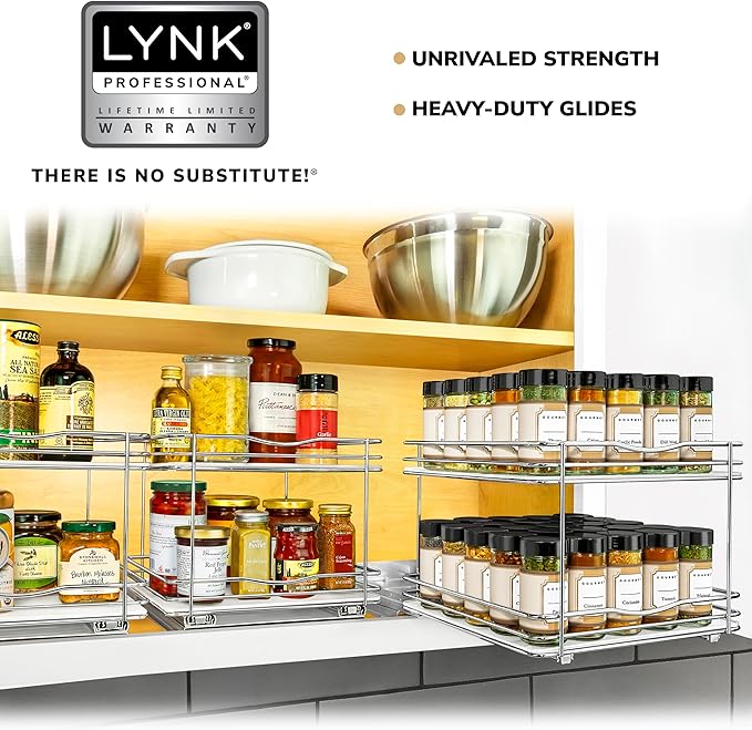LYNK PROFESSIONAL® Pull Out Spice Organization for Cabinets - 10-3/8 inch Wide – Spice Rack for Inside Cabinets, Slide Out Spice Rack Organizer for cabinet – Pull Out Spice Rack, Sliding 2 Tier Chrome