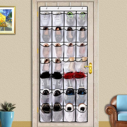 REGELETO 2 Pack 28 Pocket Over the Door Shoe Organizer, Hanging Shoe Rack for Door Large Capacity Shoe Organizer Holder with 4 Metal Hooks (White-2Pack)
