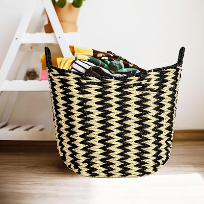 Household Essentials Zigzag Woven Paper Rope Basket, Black and Natural