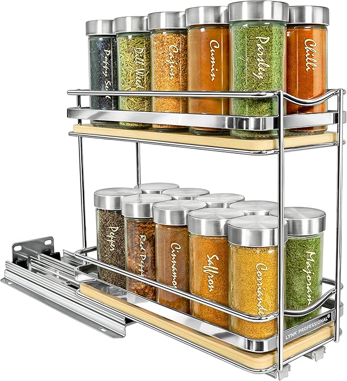 LYNK PROFESSIONAL® Élite™ Pull Out Spice Organization for Cabinets - 4-3/8 inch Wide – Spice Rack for Inside Cabinets – Wood/Chrome - Sliding Spice Rack Organizer for cabinet – Spice Rack - 2 Tier