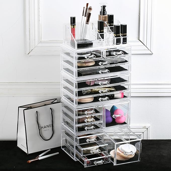 Ikee Design 5 Pcs Set Acrylic Makeup Organizer with 15 Drawers and Removable Top Lipstick Holders, Ideal for Make-up, Accessories,Enhance Your Vanity or Bathroom with Clear Design for Quick Visibility