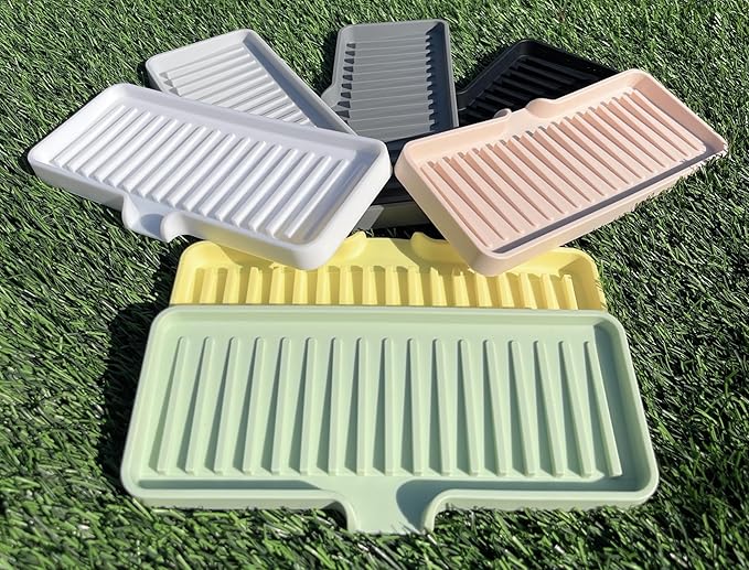 Silicone Soap Dish Tray and Sponge Holder with Drain Chute, Rectangular, Kitchen and Bathroom Sink Organizer (Sand Dollar, 9"x3.5")