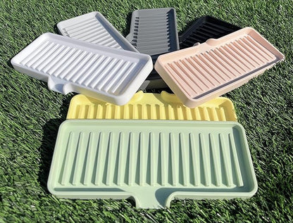 Silicone Soap Dish Tray and Sponge Holder with Drain Chute, Rectangular, Kitchen and Bathroom Sink Organizer (Black, 9"x3.5")