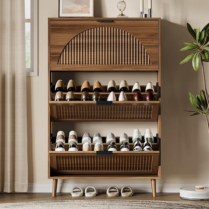 Xixini Shoe Storage Cabinet with 3 Flip Drawers, 50" Tall Narrow Wood Fluted Shoe Organizer for Entryway, Freestanding Wooden Hidden Slim Shoe Rack for Front Door Entrance, Hallway, Foyer, Dark Walnut