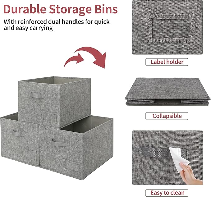 GRANNY SAYS Closet Organizers and Storage, Fabric Storage bins with Label Holder, Shelf Baskets for Organizing Bedroom, Decorative Storage Containers for Wardrobe, Dark Gray, Large, 3-Pack