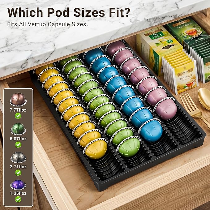 EVERIE Drawer Coffee Pod Organizer for Vertuo Capsules – Holds Up to 40 Large or 52 Small Pods, Space-Saving Insert Tray, Fits Kitchen Cabinets, 15.4" x 10.2" x 1.2", Pack of 2