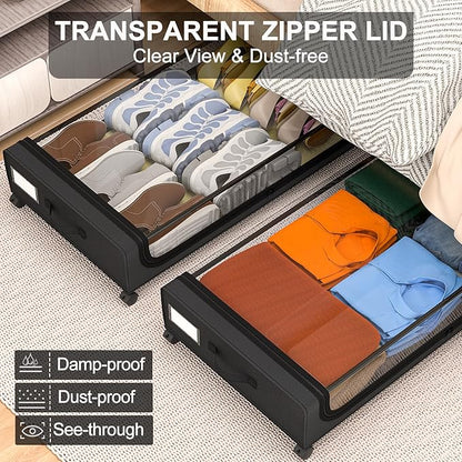 GoMaihe Under Bed Storage with Wheels: 70L Underbed Storage Containers with Clear Lids - Rolling Drawers & Bins for Shoes Clothes in Dorm Bedroom - Space-Saving Easy Pull-out Black 2-Pack