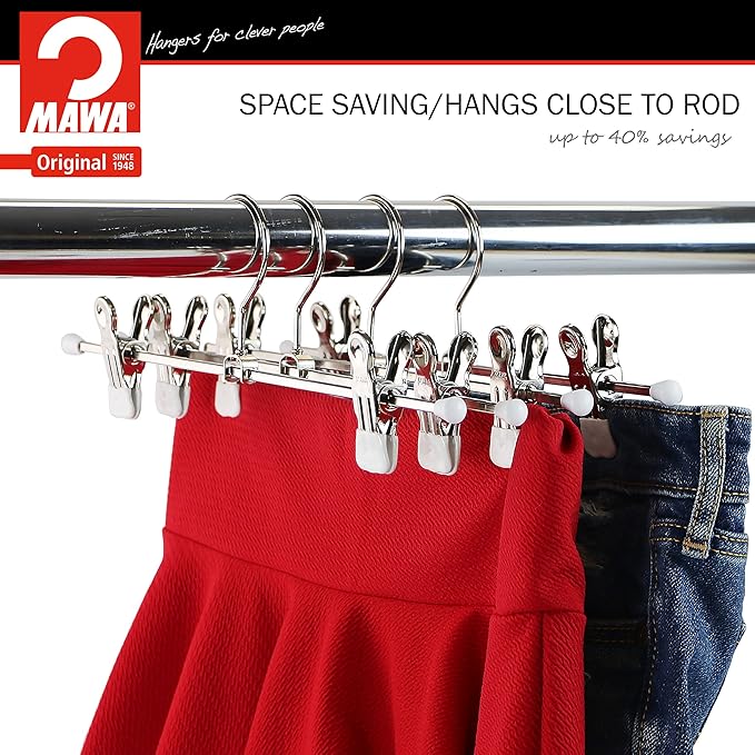 Mawa by Reston Lloyd Non-Slip Space-Saving Clothes Hanger For Pants & Skirts with Two Non-Slip Clips, Style K/30D, 12-Inch, Set of 10, White