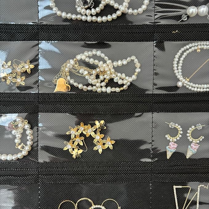 1 Pack Hanging Jewelry Organizer 80-Pocket Dual-sided Jewelry Storage for Earring Necklace Bracelet Ring Travel Holder, Black and White