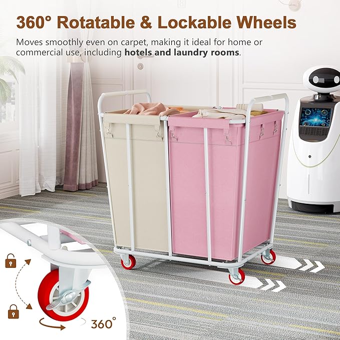 Hoctieon 2 Section Laundry Sorter Cart, 400L Rolling Hamper with Wheels, Industrial Laundry Basket Organizer, Extra Large Dirty Clothes Hamper for Home & Hotel, Heavy Duty, Pink+Beige