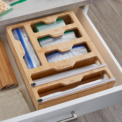 Kitchen Details Drawer Organizer | Multiple Food Storage Bag Compartments | Stores Up to 6 sizes | Kitchen Organization | Built In Slide Cuttlers | Bamboo