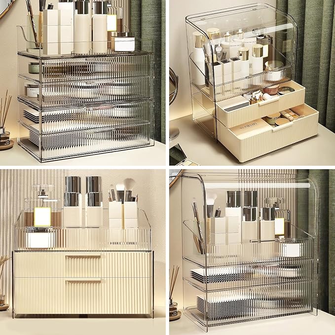 DASITON Cream Dustproof Two layers Storage Box,Makeup Brush Holder,Large Capacity Desktop Storage Box with Drawer,for Beauty Products,Perfume,Jewelry,Nail Polish
