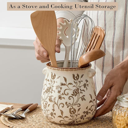 Utensil Holder for Kitchen Counter, Modern Farmhouse Rustic Cooking Utensil Holder and Crock, Exquisite Chinoiserie Floral Ceramic Utensil Organizer for Home Kitchen Decor- Brown Flower Patterns