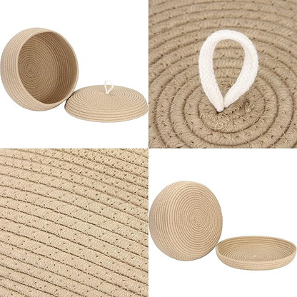 Sea Team Round Cotton Rope Storage Basket with Lid, Decorative Woven Storage Bin, Pot, Caddy, Organizer, Container for Snacks, Towels, Plants, 13 x 5.5 Inches (Large, Shallow, Khaki)