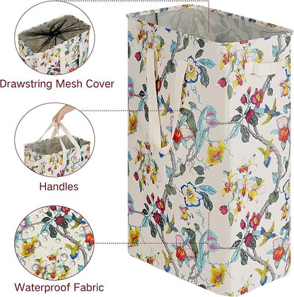 efluky Slim Laundry Basket, Narrow Laundry Hamper with Handles, Collapsible Dirty Clothes Hamper, Tall Laundry Bin for Laundry Room, Dorm and Bedroom, 19.8 Gallon (75L) Floral