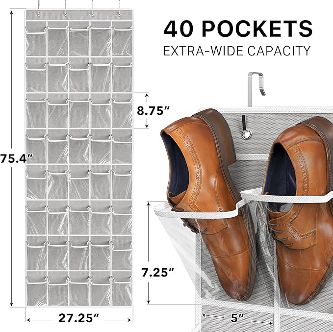 Simple Houseware 40 Large Clear Pockets Over The Door Hanging Shoe Organizer, Gray (75.4'' x 27.25'')